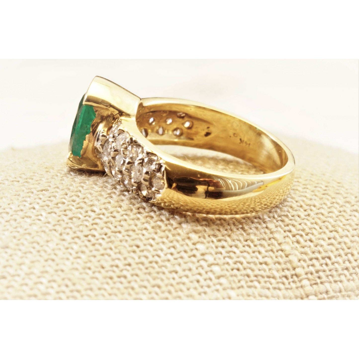 FJL Jewelry Gemstone Ring Sophistication Colombian Emerald Ring 1.85 ct. oval in semi-bezel, 14k yellow gold with 0.72 CT. in diamonds
