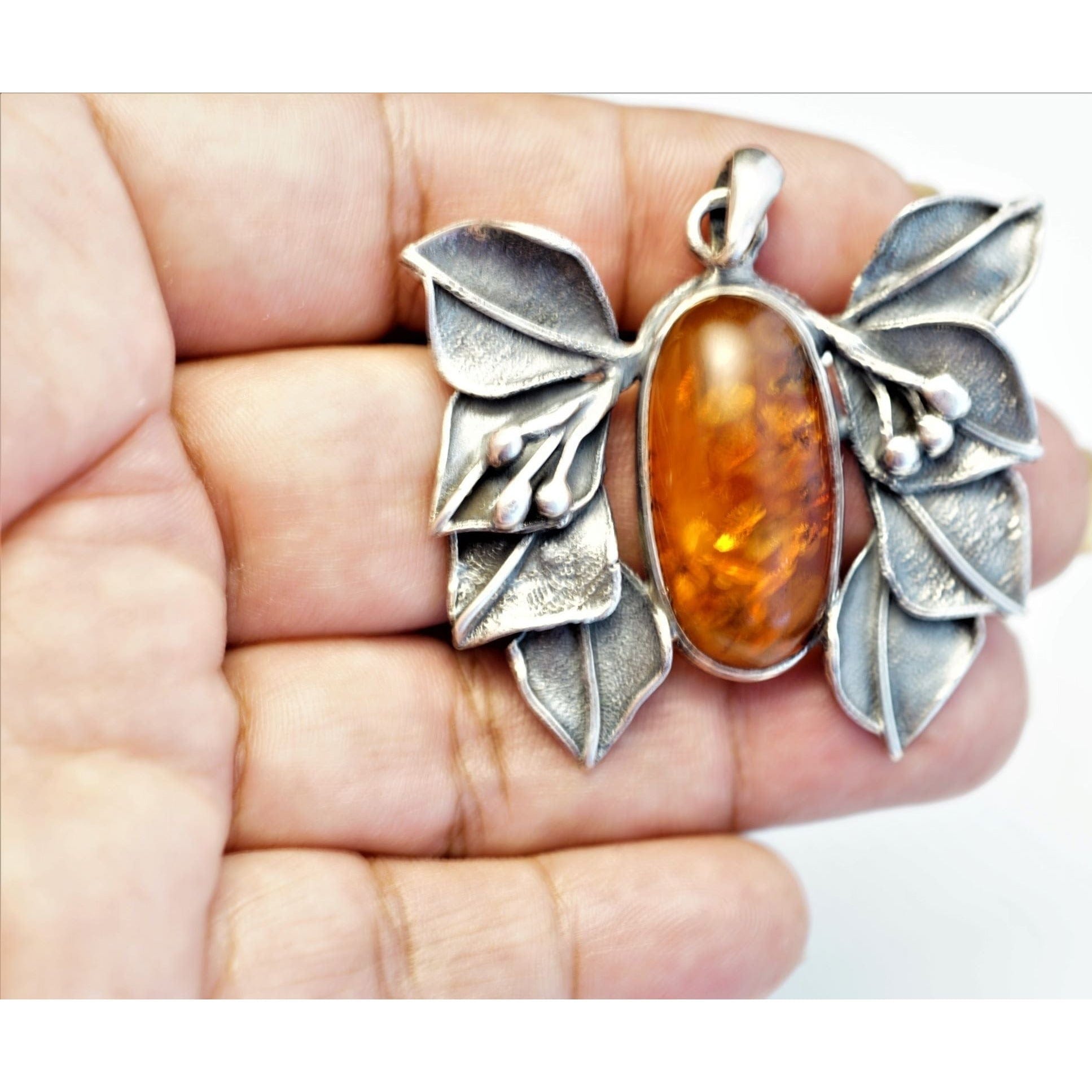 FJL Jewelry 925 sterling silver necklace SOLD!Large Amber Butterfly Sterling Silver Vintage Pendant, Natural Baltic Natural Oblong Shape Unique Open Wings