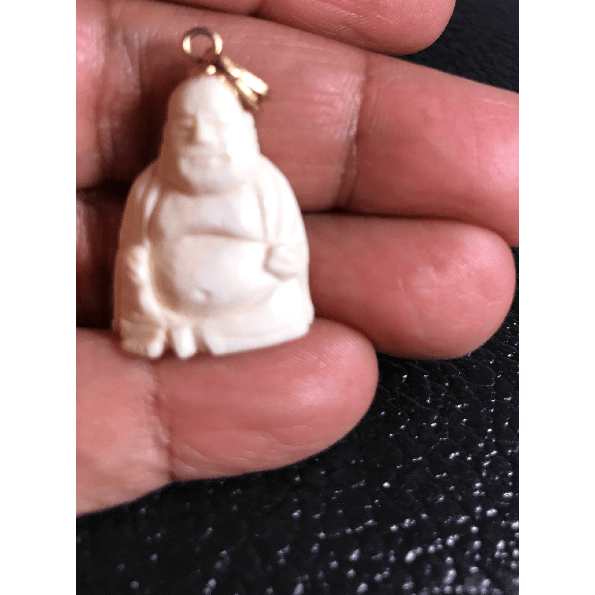 FJL Jewelry Crystals, Bone, Vintage Stone Charms Vintage Carved Bone Laughing Buddha Pendant in Gold Plated Metal