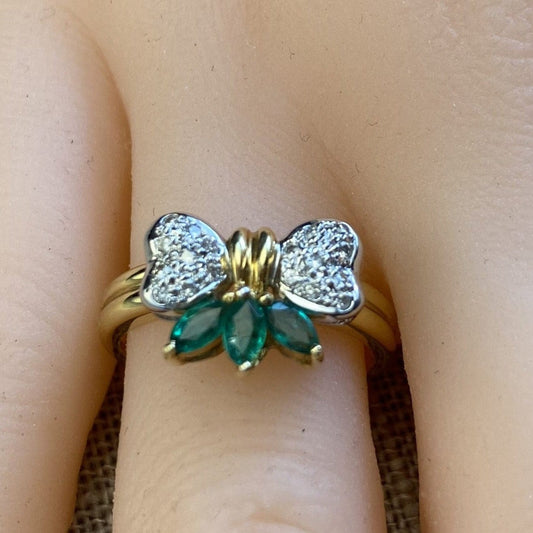 FJL Jewelry Gemstone Ring Exquisite 18K yellow gold two-tone ring features a bow-tie center, emerald marquise-shaped gemstones totaling 0.60 CT