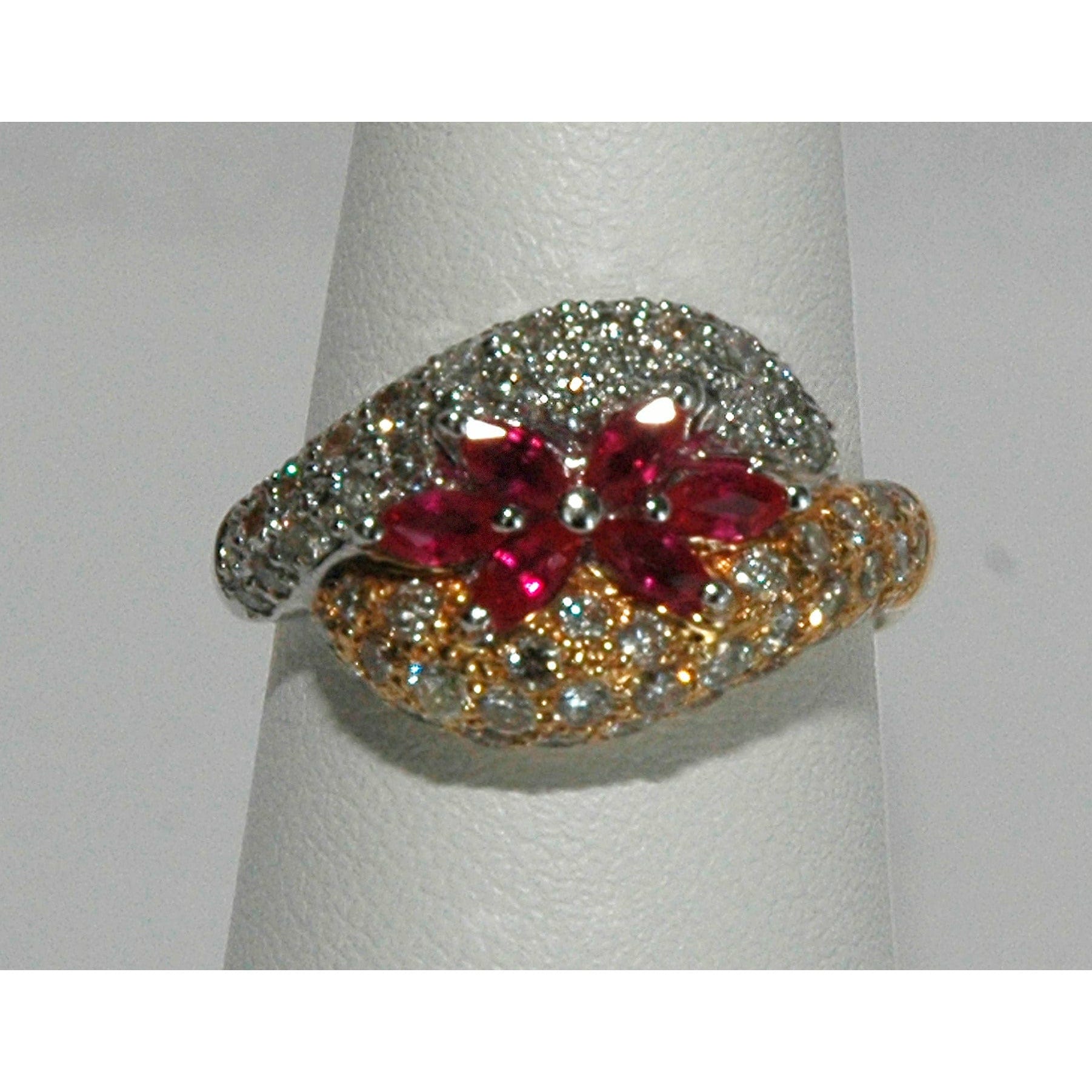 FJL Jewelry Gemstone Ring Impressive Two-Tone Ruby Marquise Ring w/ Diamonds in 18K Gold, Red Ruby Gemstones & Diamond Ring