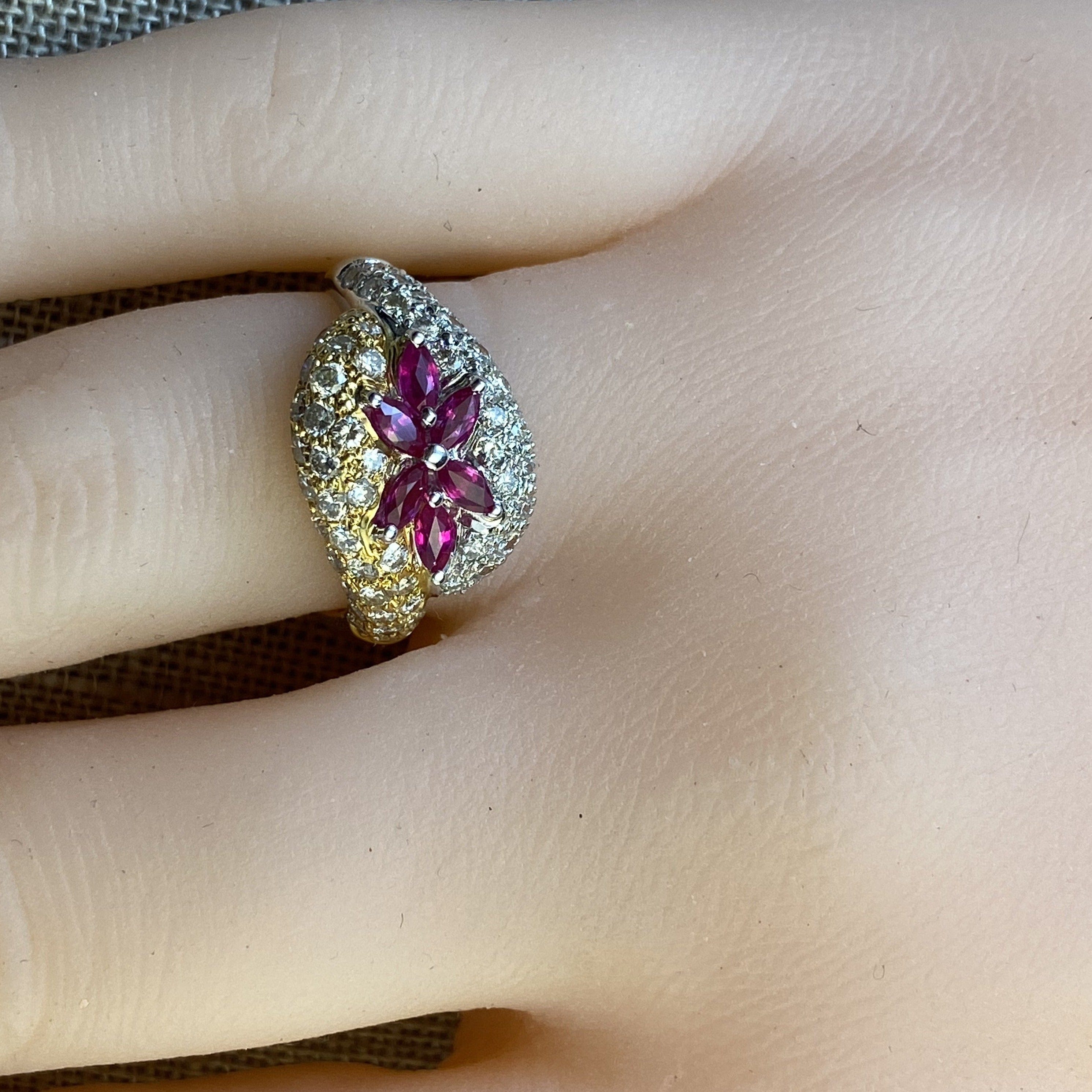 Impressive Two-Tone Ruby Marquise Ring w/ Diamonds in 18K Gold