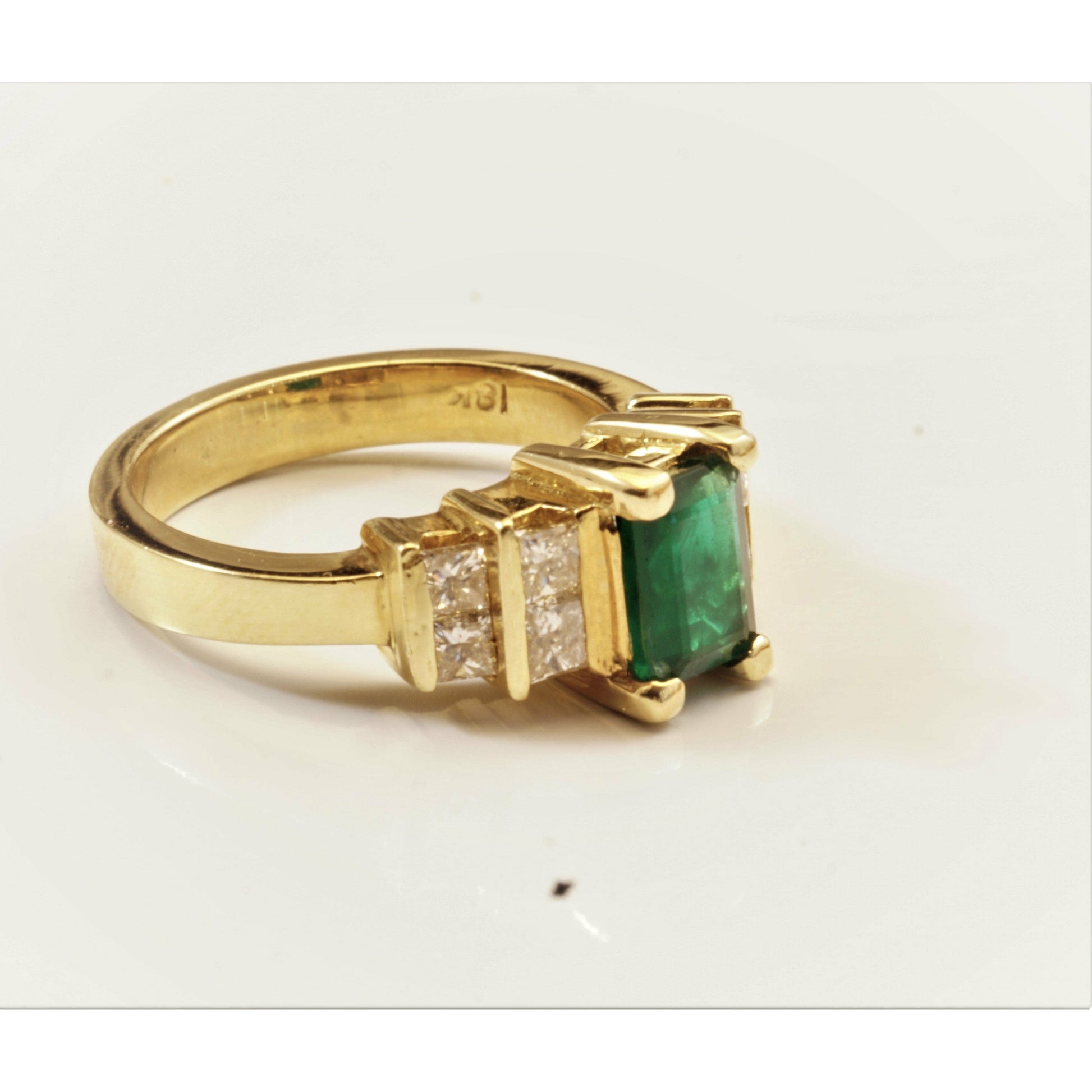 FJL Jewelry Gemstone Ring Sold_Emerald cut Emerald with Princess Diamond Ring in 18K Yellow Gold- Eight Channel-set diamond