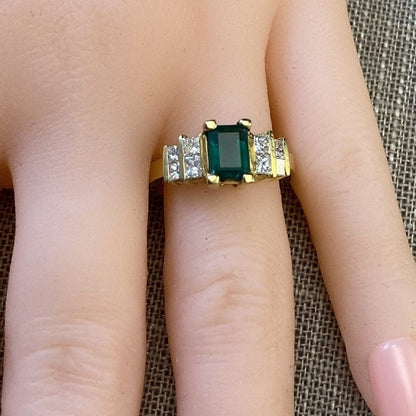 FJL Jewelry Gemstone Ring Sold_Emerald cut Emerald with Princess Diamond Ring in 18K Yellow Gold- Eight Channel-set diamond