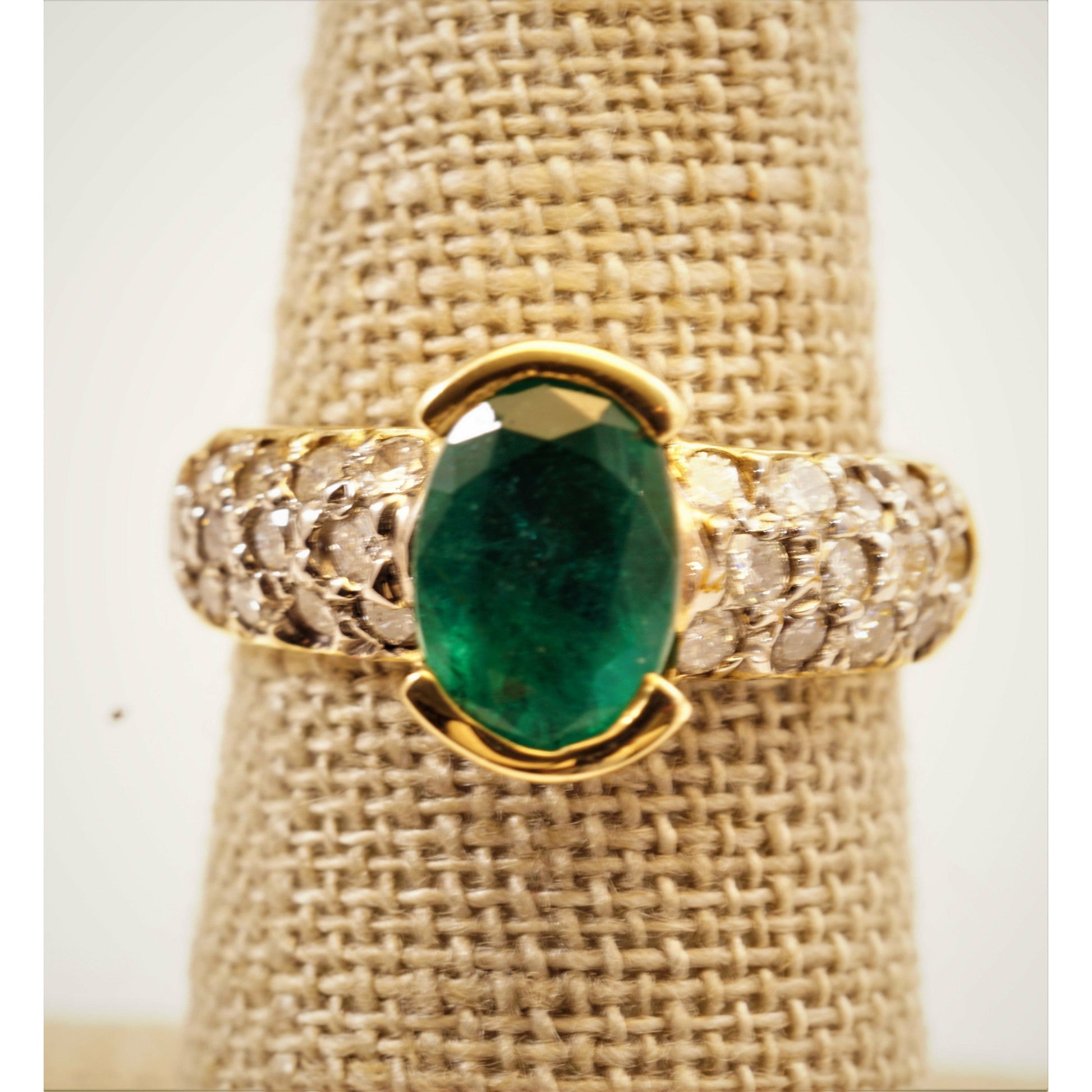 FJL Jewelry Gemstone Ring Sophistication Colombian Emerald Ring 1.85 ct. oval in semi-bezel, 14k yellow gold with 0.72 CT. in diamonds