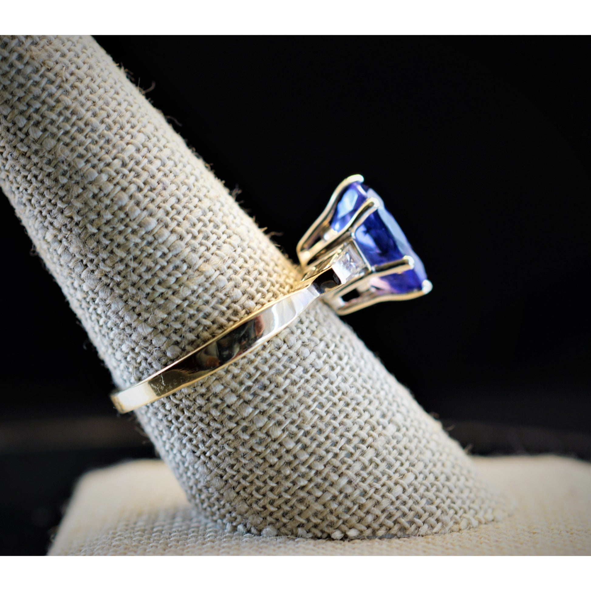 FJL Jewelry Gemstone Ring Tanzanite Three Stone Ring 14K White Gold with Diamond Baguettes, Tear-drop 2.90 CT