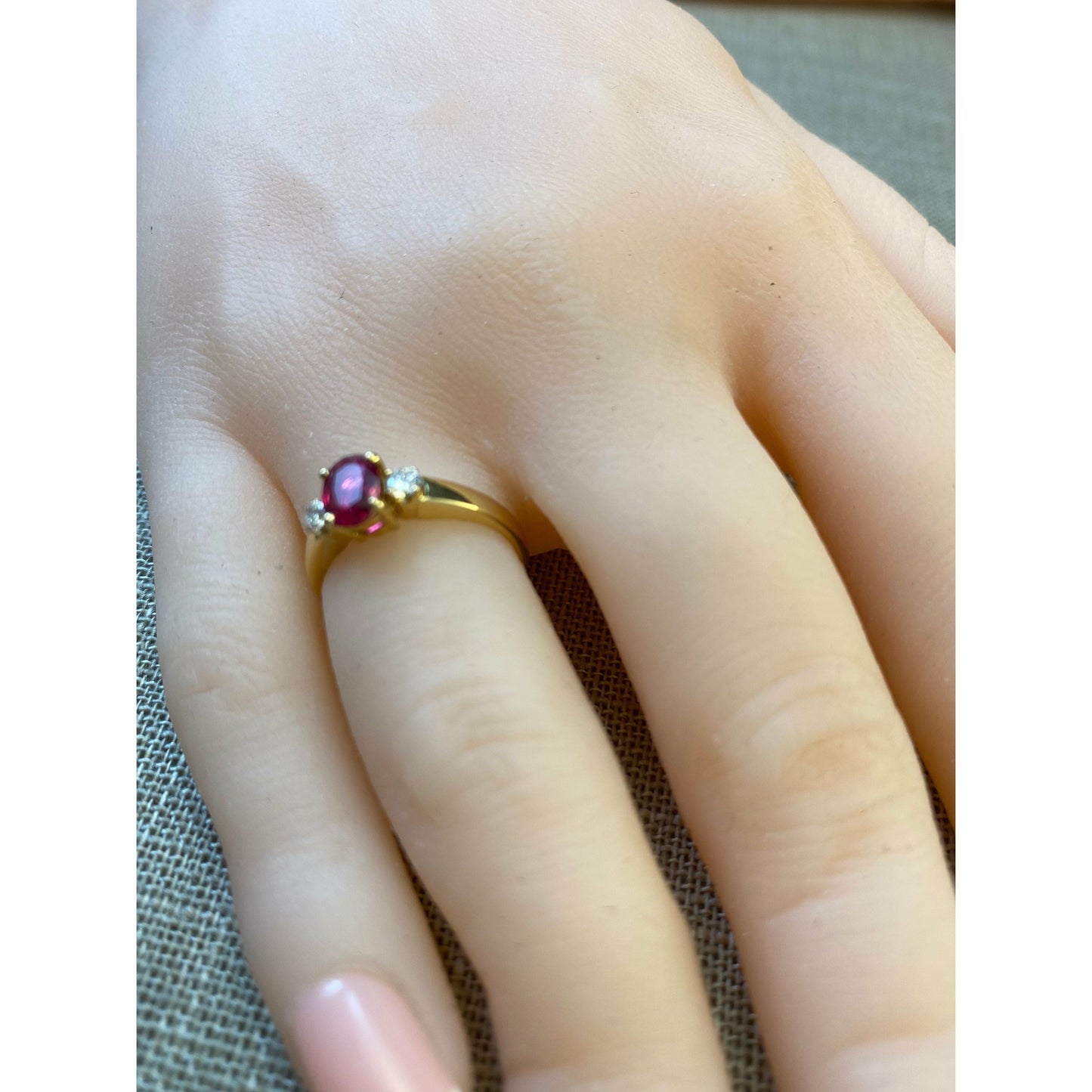 FJL Jewelry Rings Sold_Three-Stone Ruby and Diamond Ring in 18K Gold Engagement Ring, Oval 0.78 CT. Ruby
