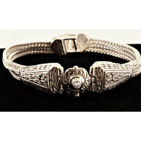 FJL Jewelry Sterling Silver Bracelet Sterling Silver Bracelet, Hand-carved Tag & Center Cubic Zirconia