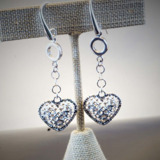 FJL Jewelry Sterling Silver Earrings Silver Dangling Filigree Heart Silver Earrings, Triple Drop Hook Back Earrings