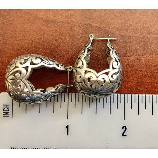 FJL Jewelry Sterling Silver Earrings Sold! Vintage Sterling Silver Filigree 1" Hoop Earrings _ Silver Lotus Flower Earrings