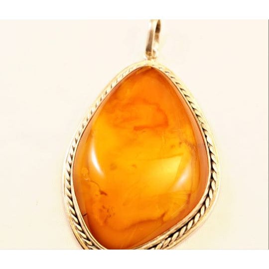 FJL Jewelry Sterling Silver Pendant Large Baltic Amber Sterling Silver Pendant, Cabuchon Shaped Free-Form Amber Ring