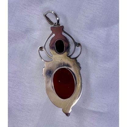 FJL Jewelry Sterling Silver Pendant Natural Chalcedon Stone with Sterling Silver Pendant and Garnet, Handcrafted, Cabochon Stone