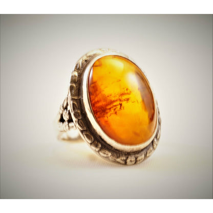 FJL Jewelry Sterling Silver Ring Baltic Amber Silver Ring, Handcrafted Engraved Sterling Silver Amber Ring,  US Size 7